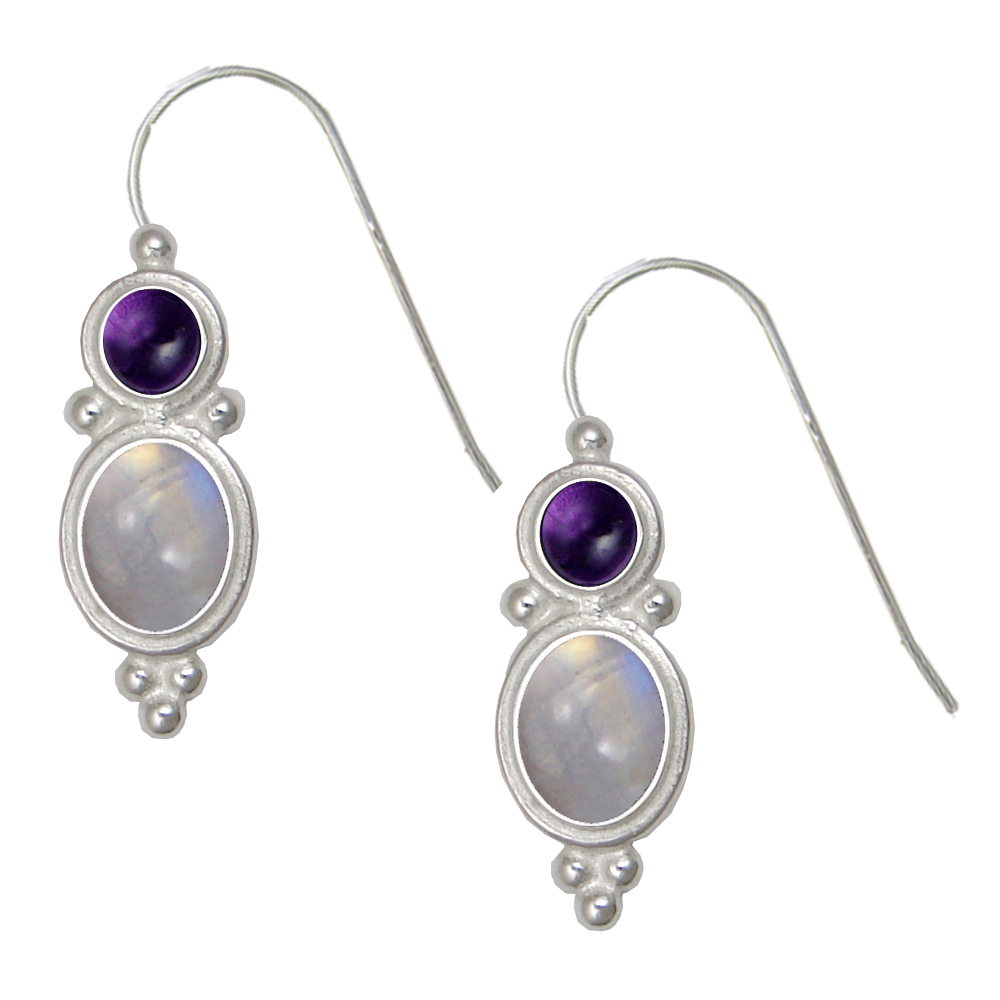 Sterling Silver Drop Dangle Earrings Rainbow Moonstone And Amethyst